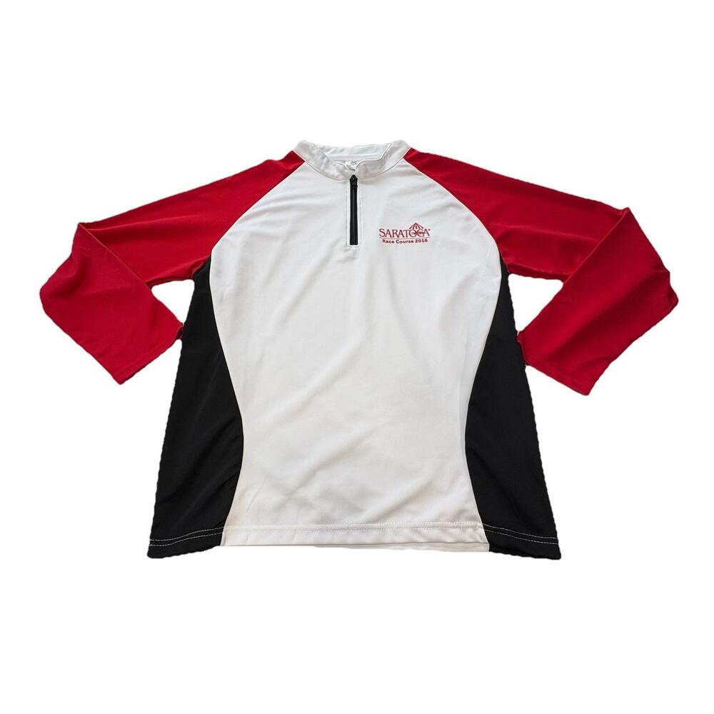 Saratoga Horse Racing Mens Long-Sleeve 1/4-Zip Shirt, White, Size Med., EUC